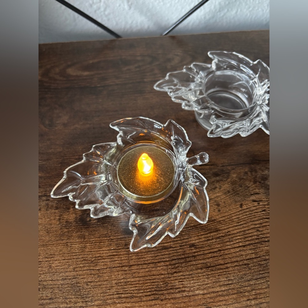 Vintage Leaf-Shaped Glass Tealight Holder Set of 2